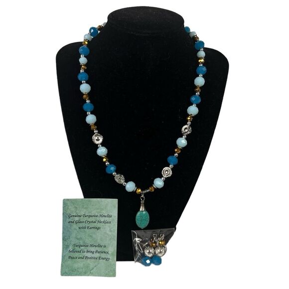 New Genuine Turquoise-Howlite and Crystal Necklace with Dangle Earrings - Picture 1 of 5